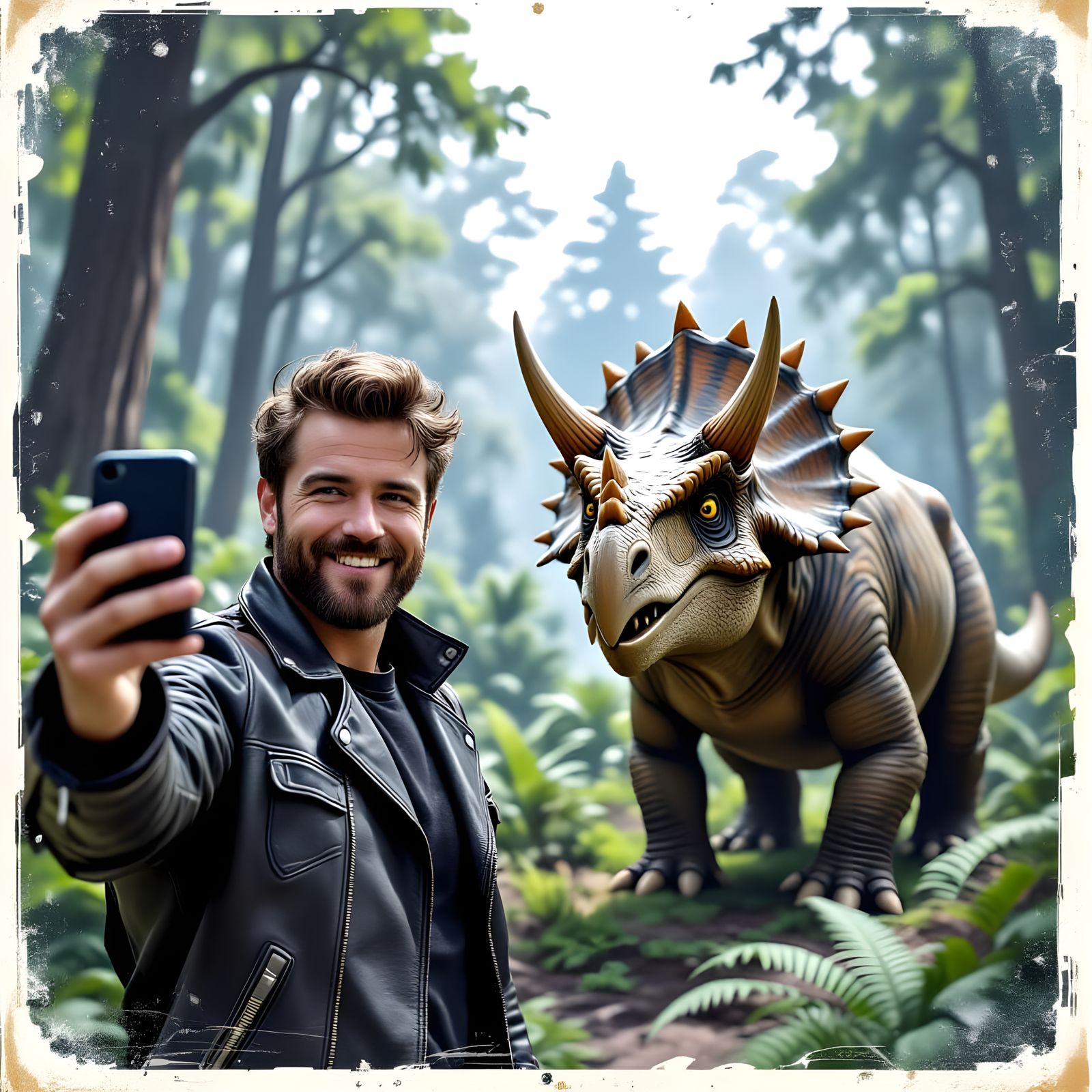 Time Traveler Selfie with Dinosaur in Newspaper