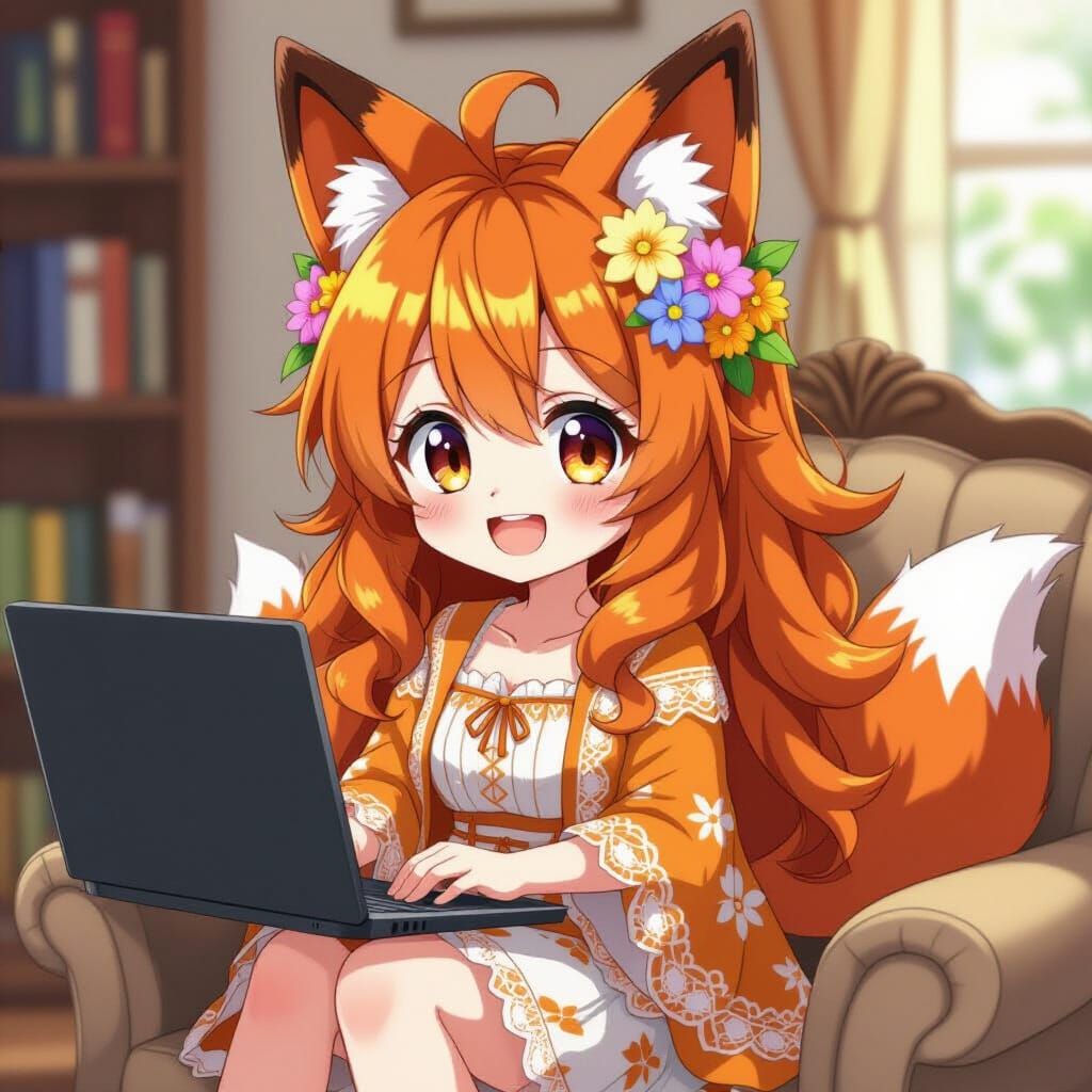 Anime Fox Girl with Laptop, Wide-Eyed