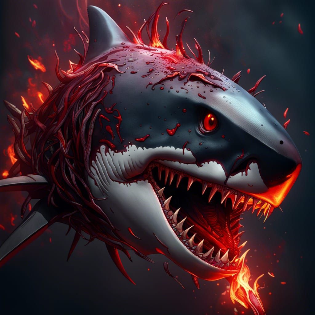 Bloody Shark with Red Eyes and Skulls