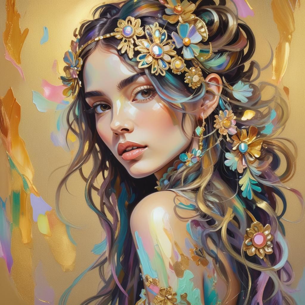 Abstract expressionism. Close-up portrait. Woman with ornate hair accessories. Soft focus. Vibrant, textured acrylic pai...