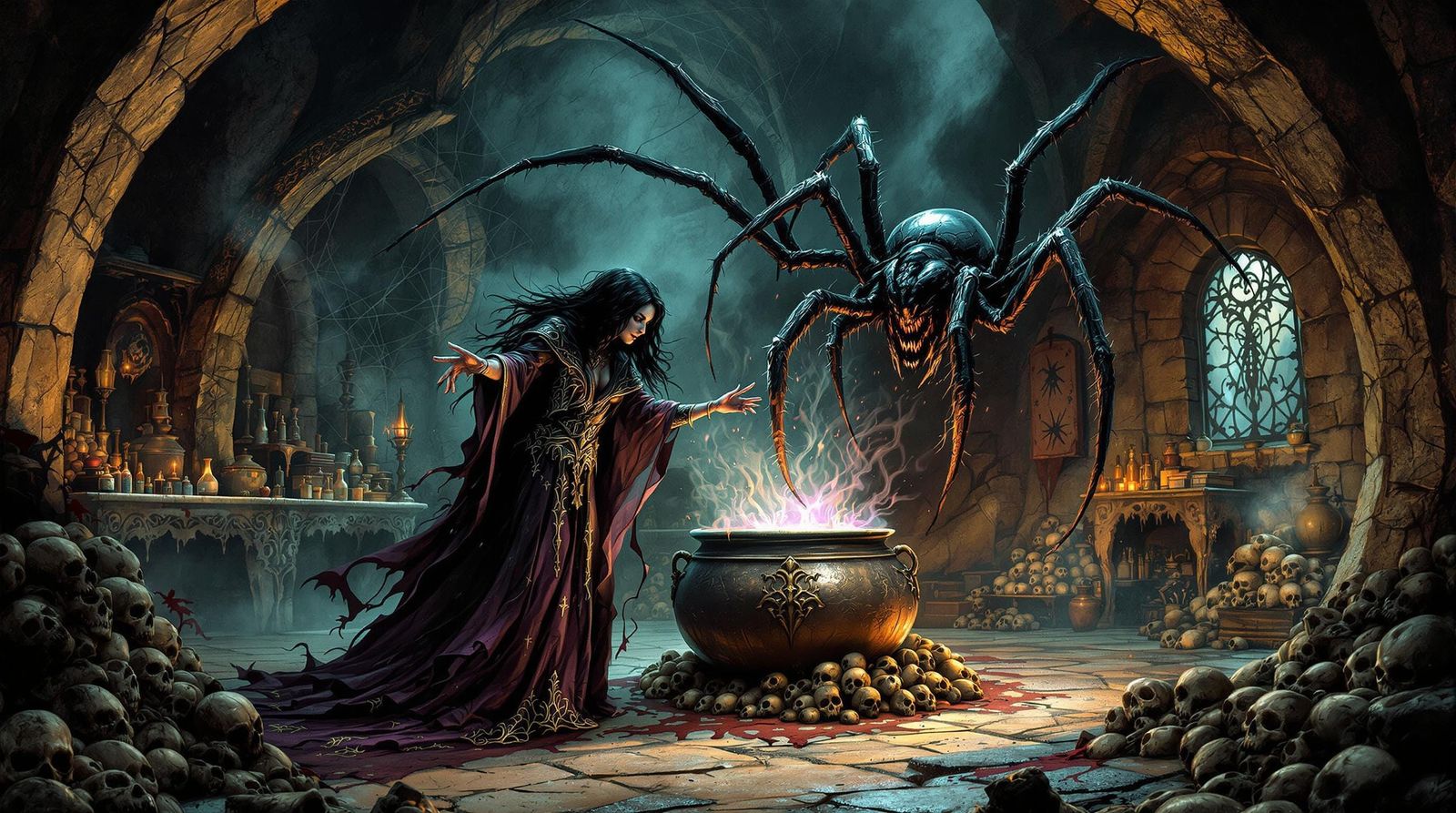Dark Witch Casting Spells with Spider Companion