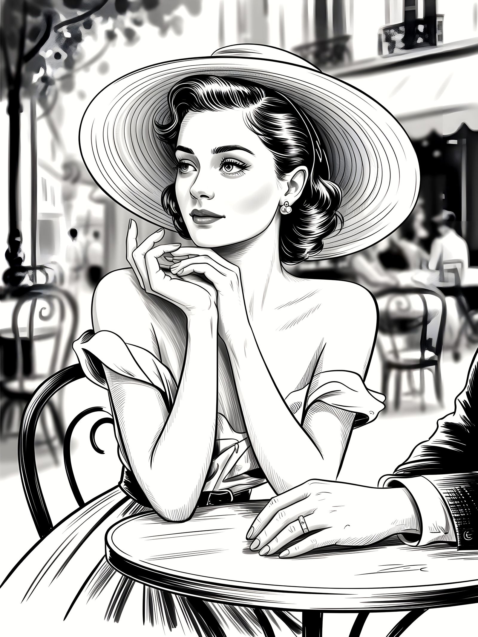 Vintage Cafe Romance in Detailed Pencil Drawing