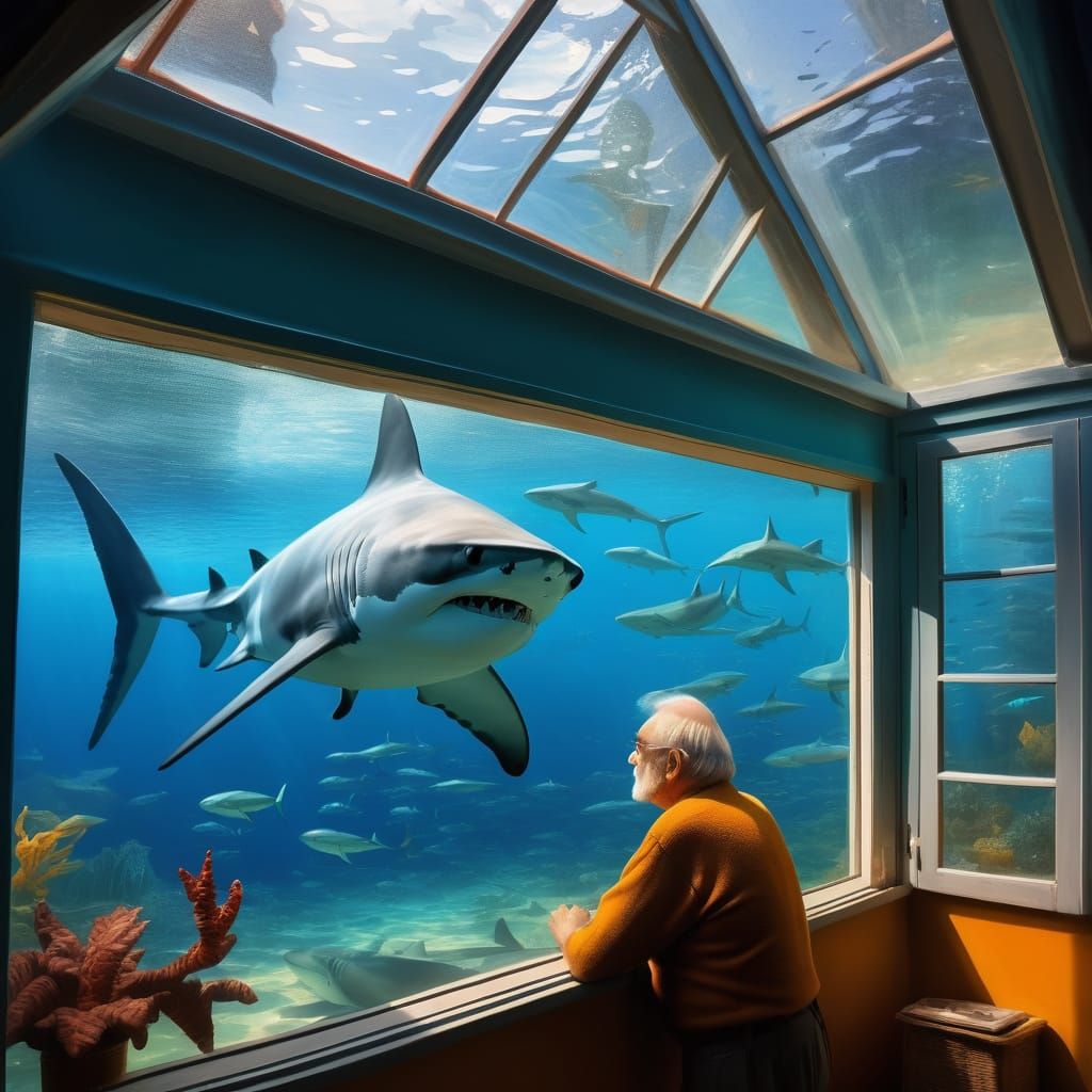 An old man living in a glass house under the sea, peering out of his window watching the sharks and manta rays circle ou...