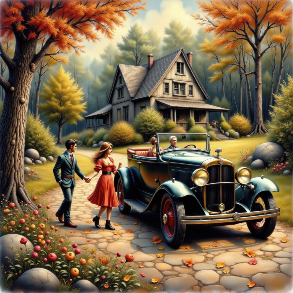 1930s Family Arrives at Cottage in Autumn Style