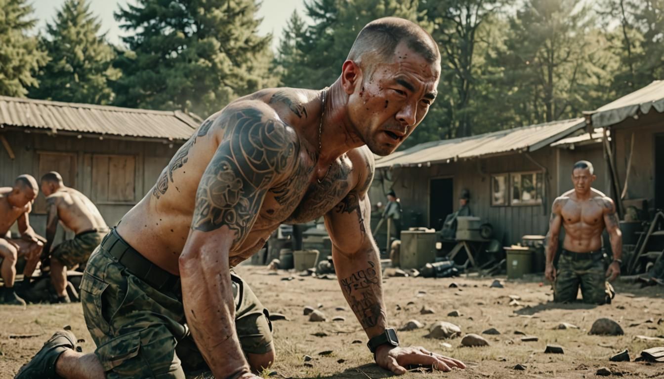 Sweaty Korean Soldier Doing Push-Ups: Cinematic Still