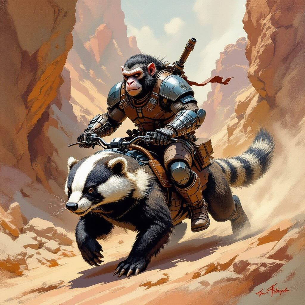Cyborg Baboon Warrior Rides Badger Through Canyon