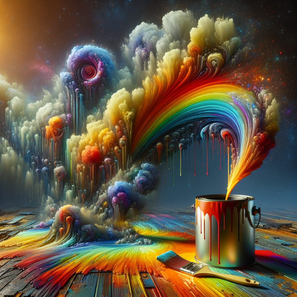Liquid Rainbow Spill: A Hyperrealistic Paint Can Scene