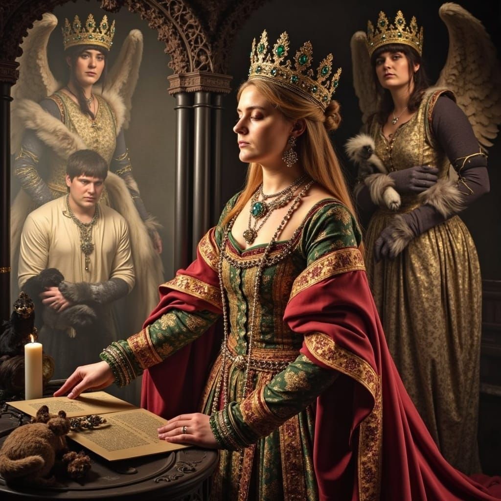 Medieval Queen with Dark Blonde Hair and Black Cat in a Dark...