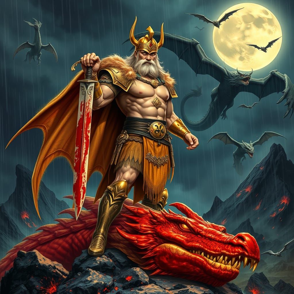 Sigurd: Norse Warrior Victorious Over Dragon, in Dark Fantas...