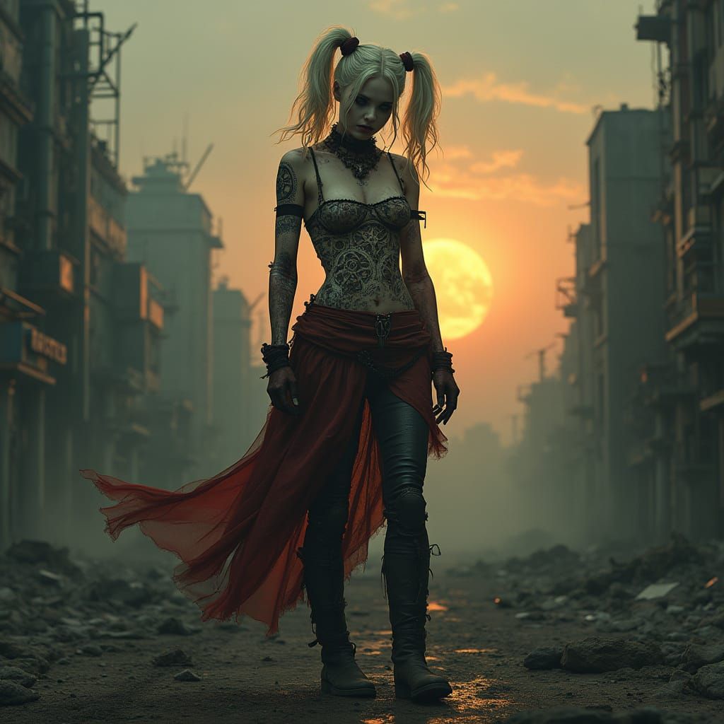 Goth Harley Quinn in Post-Apocalyptic Cityscape