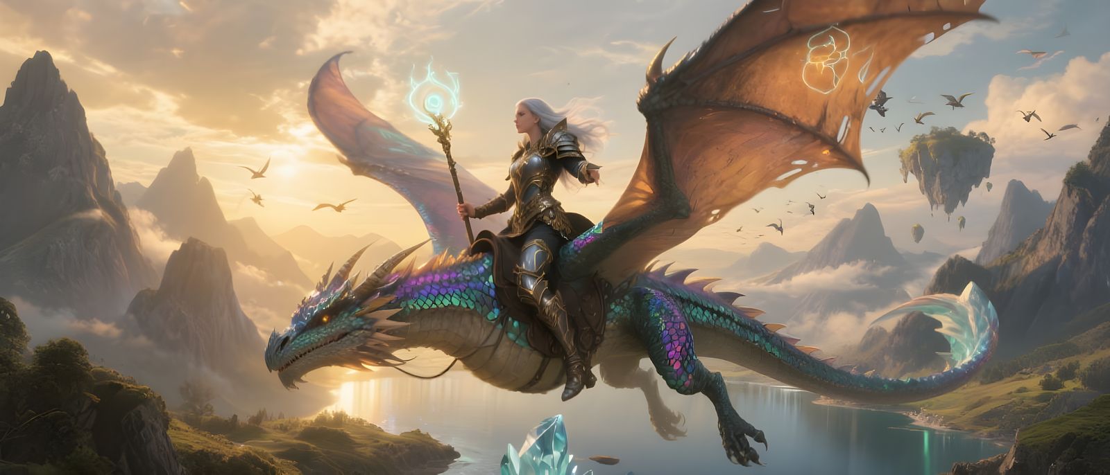 Dragon Rider Over Fantasy Landscape at Golden Hour