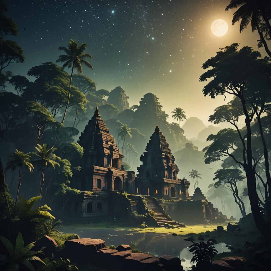 Ancient temple ruins nestled within a dense jungle