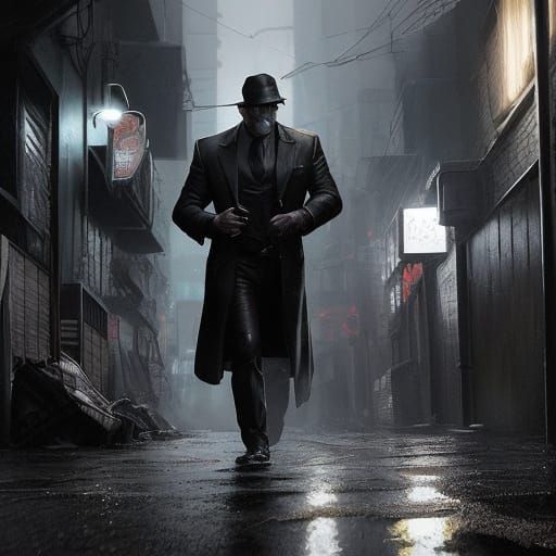 A gritty, noir-style alleyway scene, somewhere in a sprawlin...