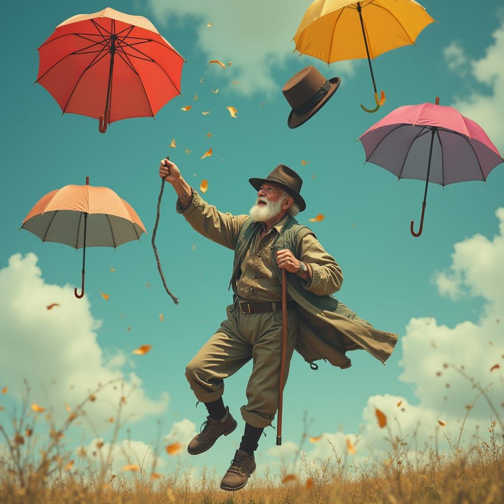 Man Leaps on Floating Umbrellas in Dreamlike Digital Art