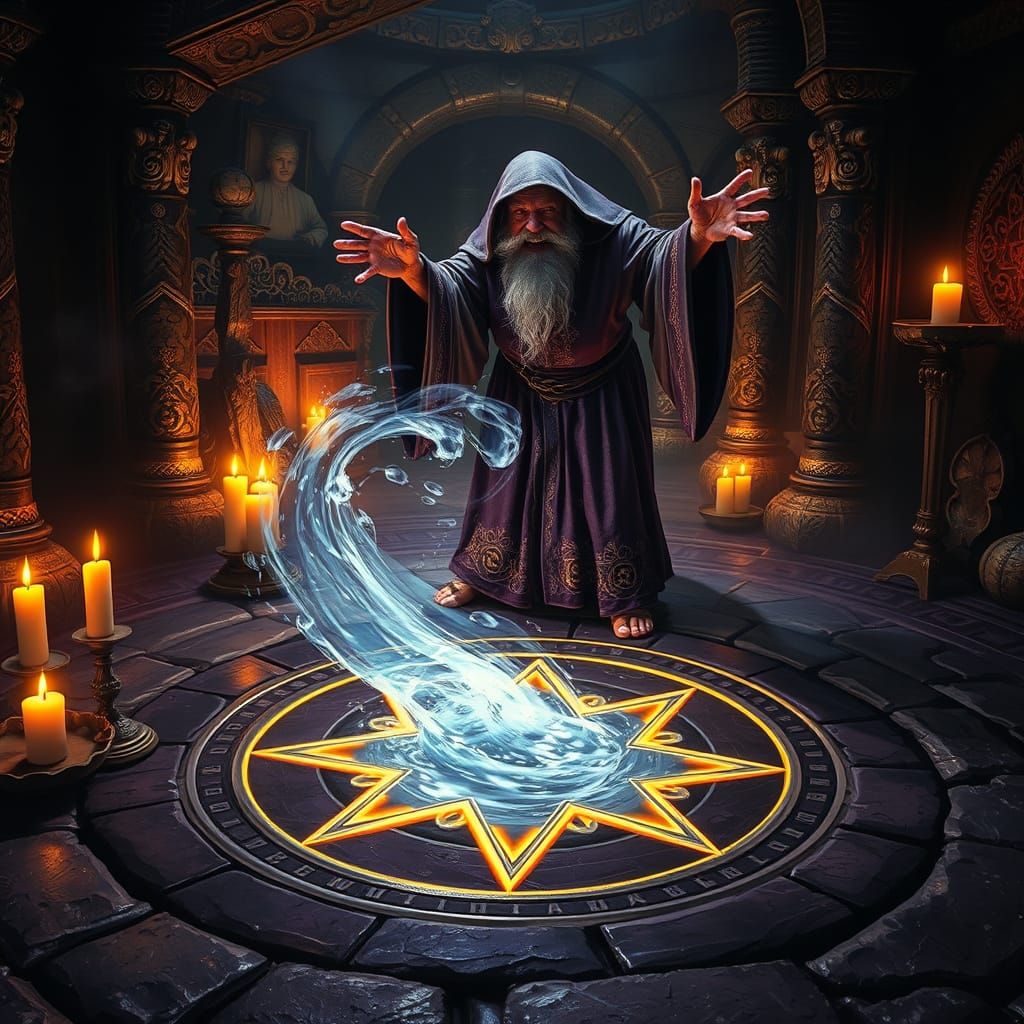 Dark Fantasy Wizard Summons Water Elemental