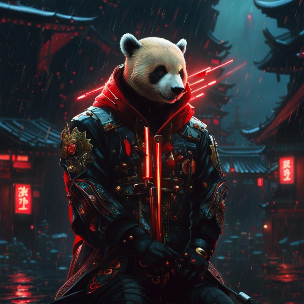 Cyberpunk Samurai Panda in Edo Japan