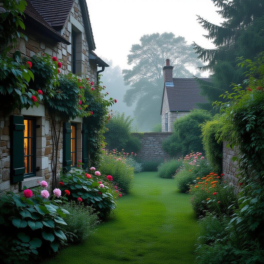 Misty English Garden with Roses in Impressionistic Style