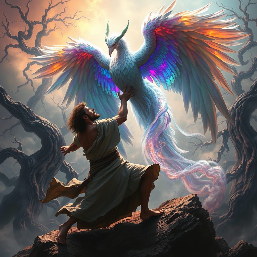Moses Battles a Radiant Angel in Dreamlike Landscape