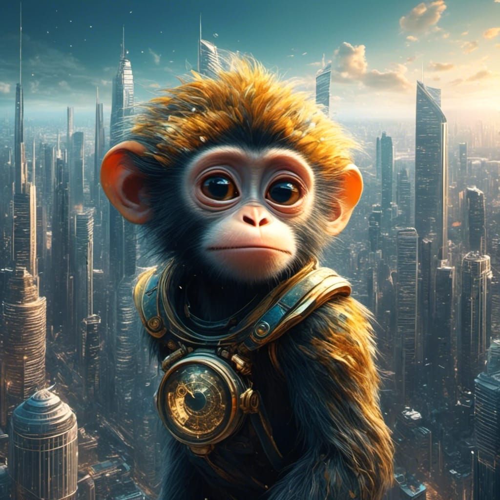 Clock-Faced Monkey in Skyscraper Cityscape