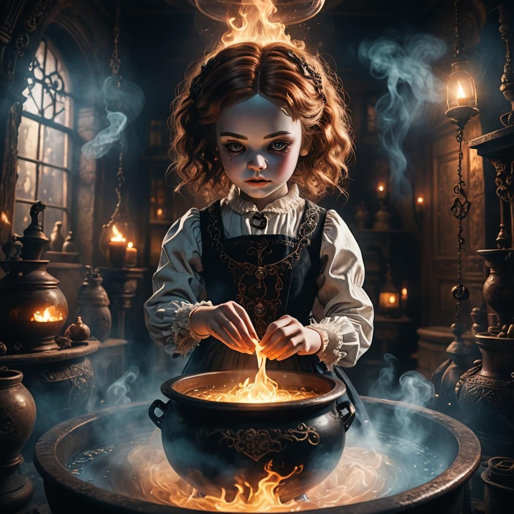 Haunted Doll Stirring Cauldron in Gothic Chamber