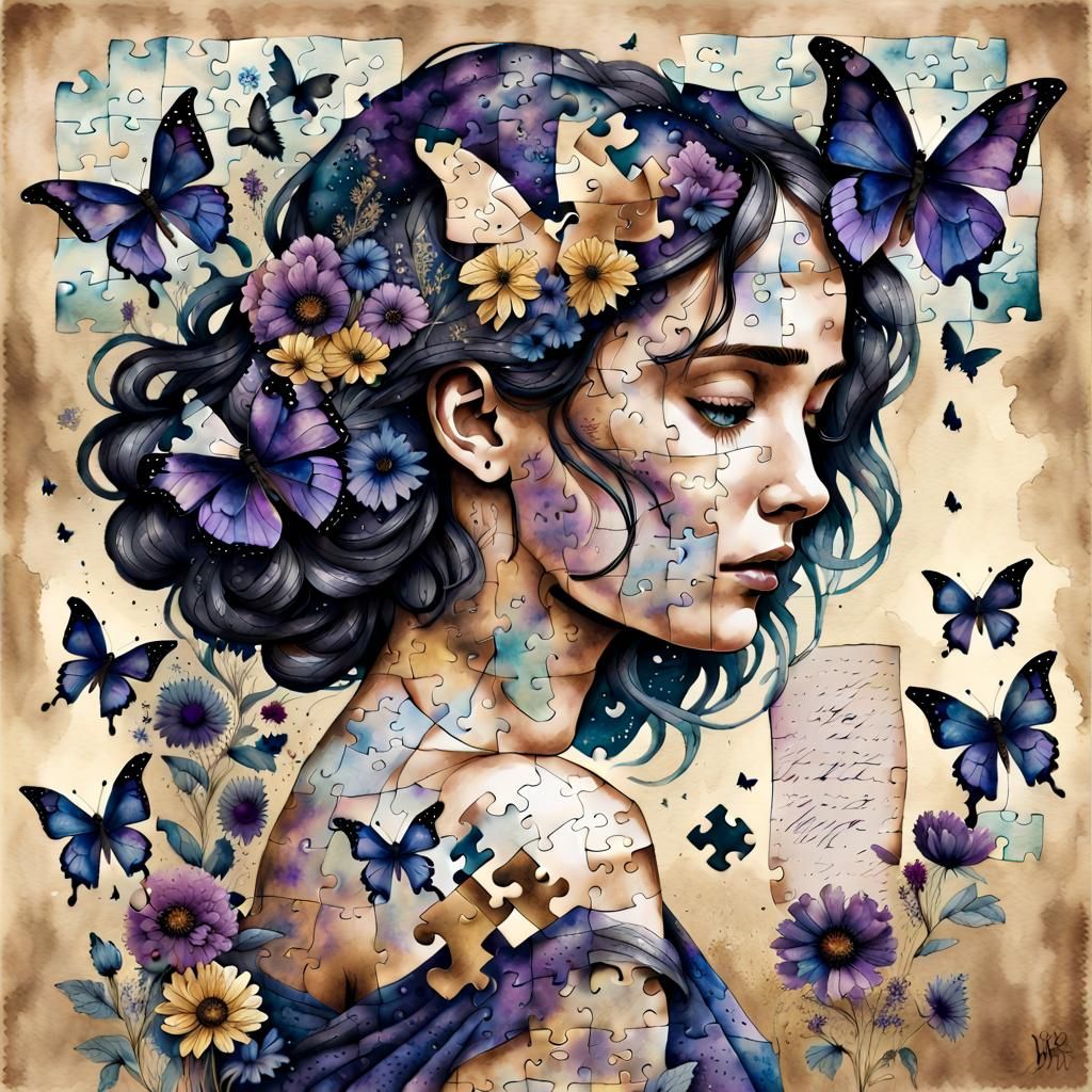 Watercolor of Sad Woman with Butterfly Puzzle Pieces