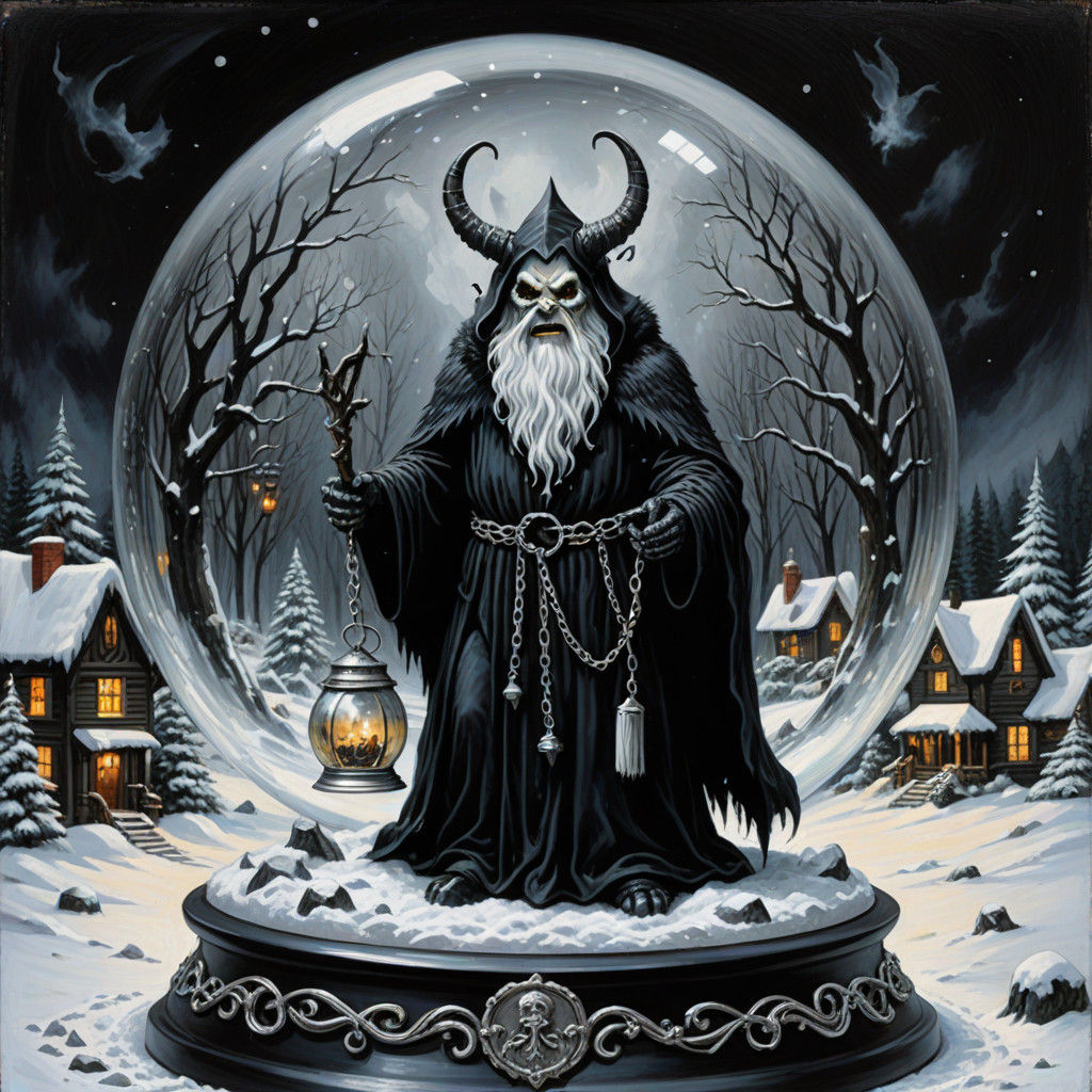 Bavarian Folk Horror Krampus in Snowy Winter Scene