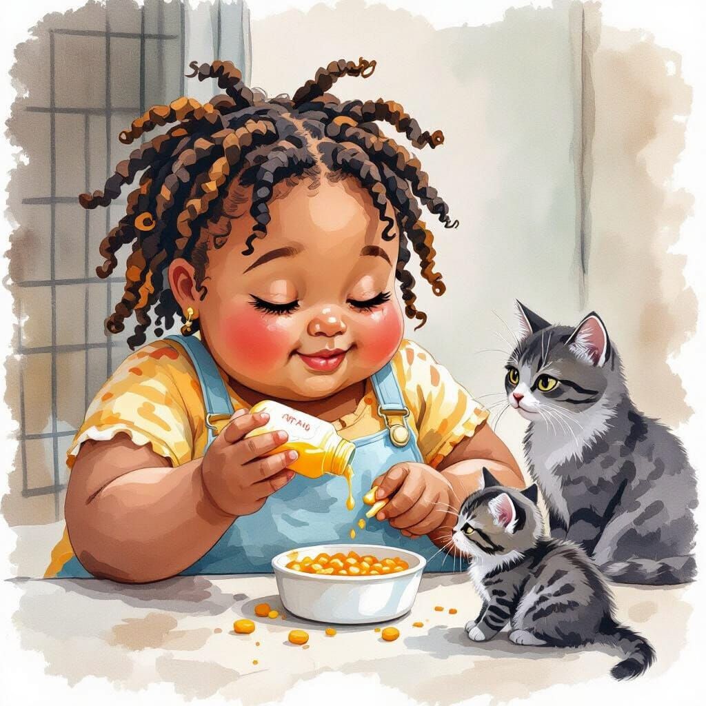 Watercolor Portrait of Girl Feeding Kitten