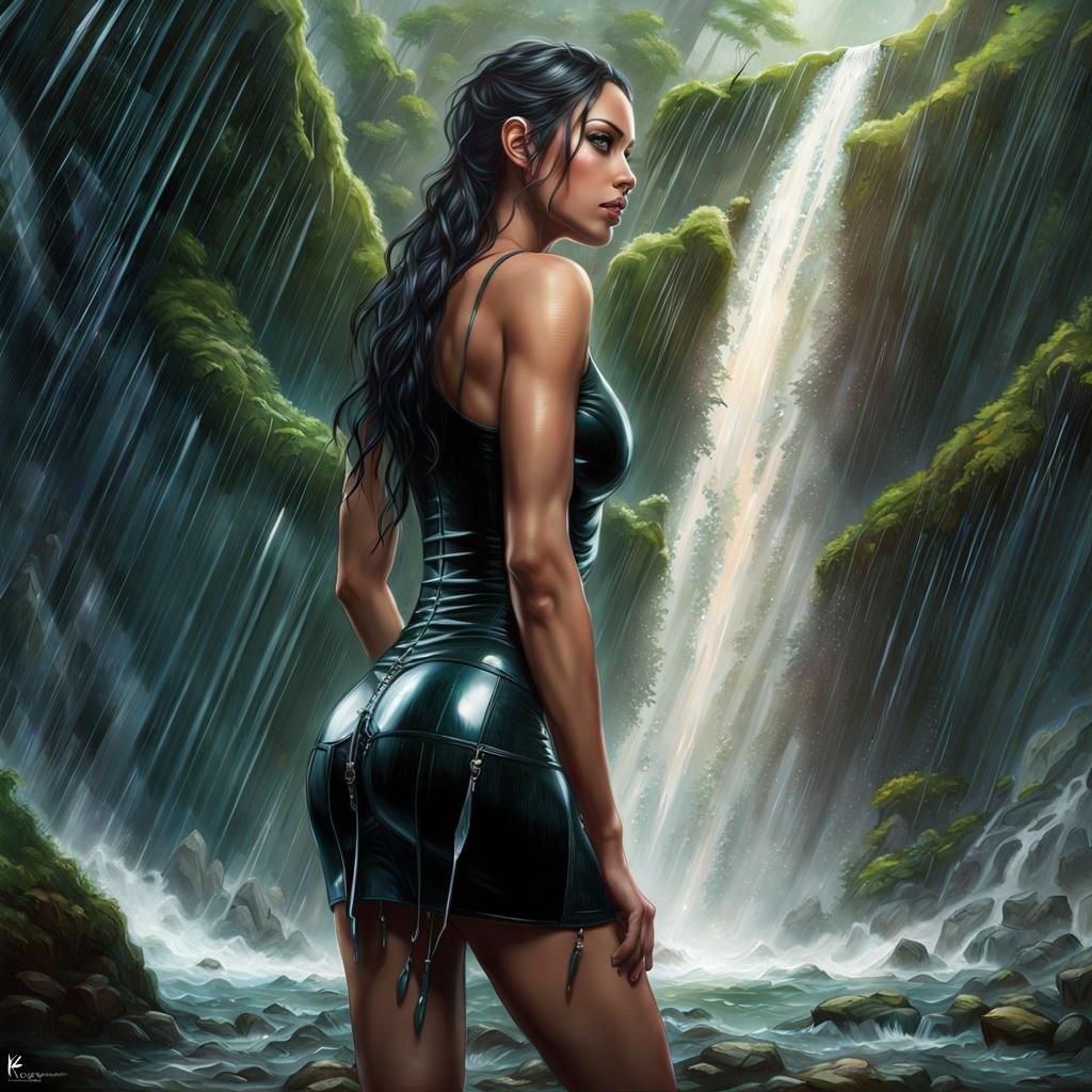 Woman in Latex Under Waterfall: Fantasy Art