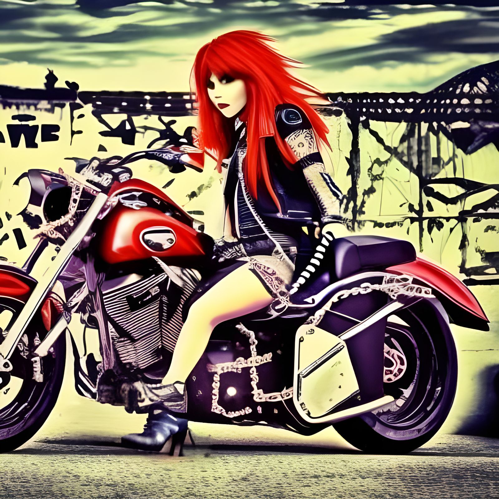 Motorcycle Rider with Red Hair in Rock Outfit