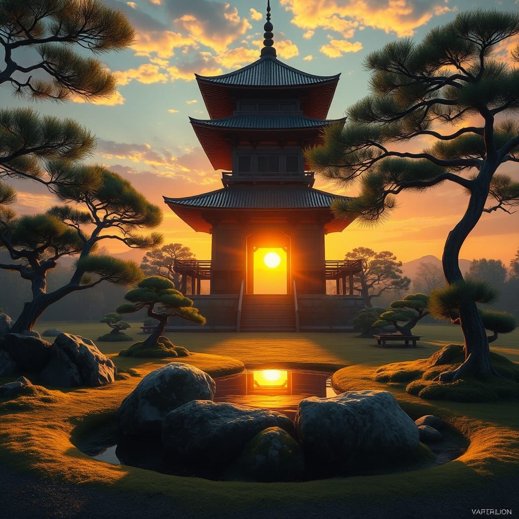 Traditional Japanese Pagoda at Sunrise in Impasto Oil Painti...