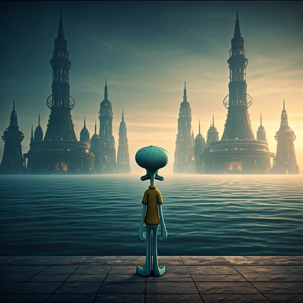 Squidward in a Serene Underwater Cityscape