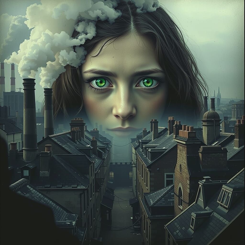 Emerald Eyes Over Industrial Landscape in Moody Black and Wh...