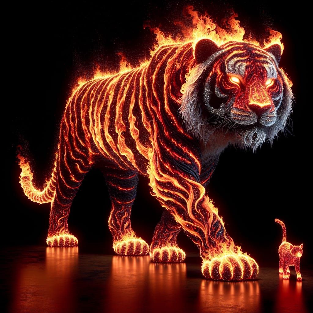 Majestic Flame Tiger Walks Amidst Dark Splendor