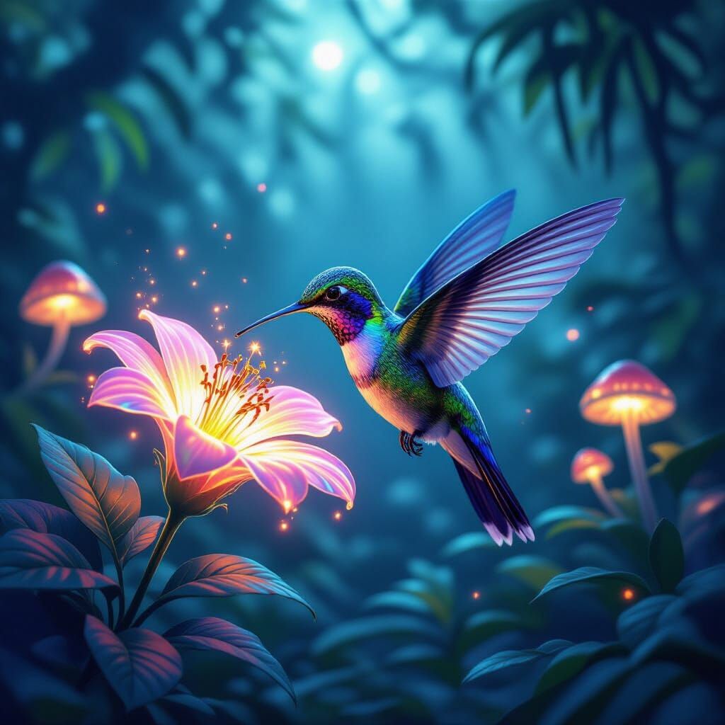 Bioluminescent Hummingbird Sipping Nectar in Dreamlike Jungl...