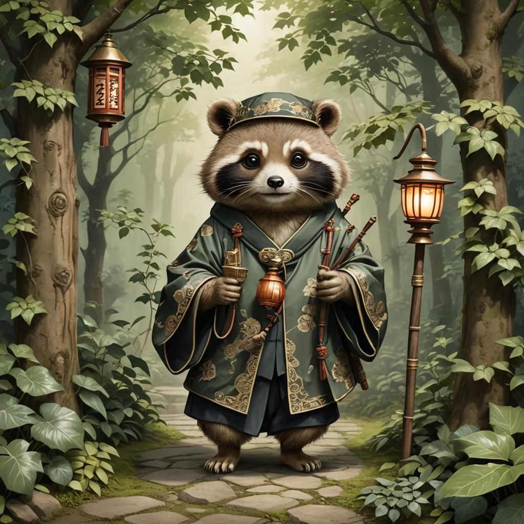 Tanuki Trickster Guide with Lantern Staff