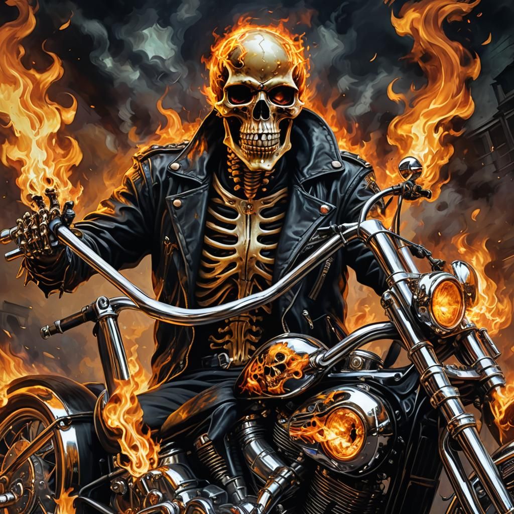 Flaming Skeleton Skull on Motorcycle: Dark Fantasy Art