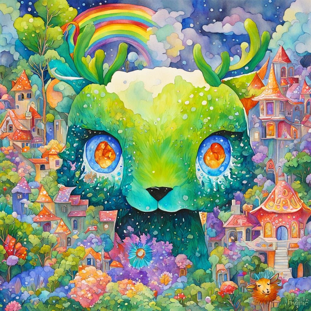 Girl with Deer in Anime Fantasy Forest