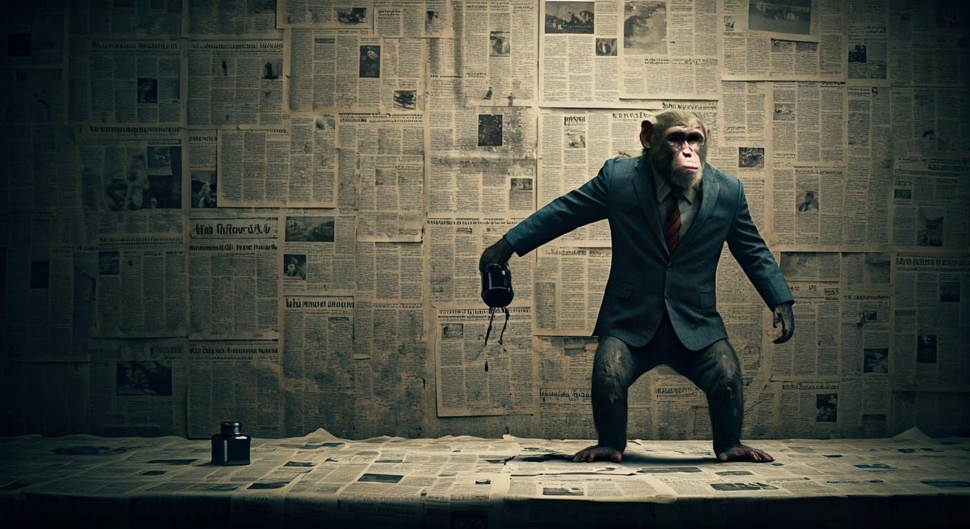 Monkey Smashing Ink Bottle: Gritty Cinematic Still