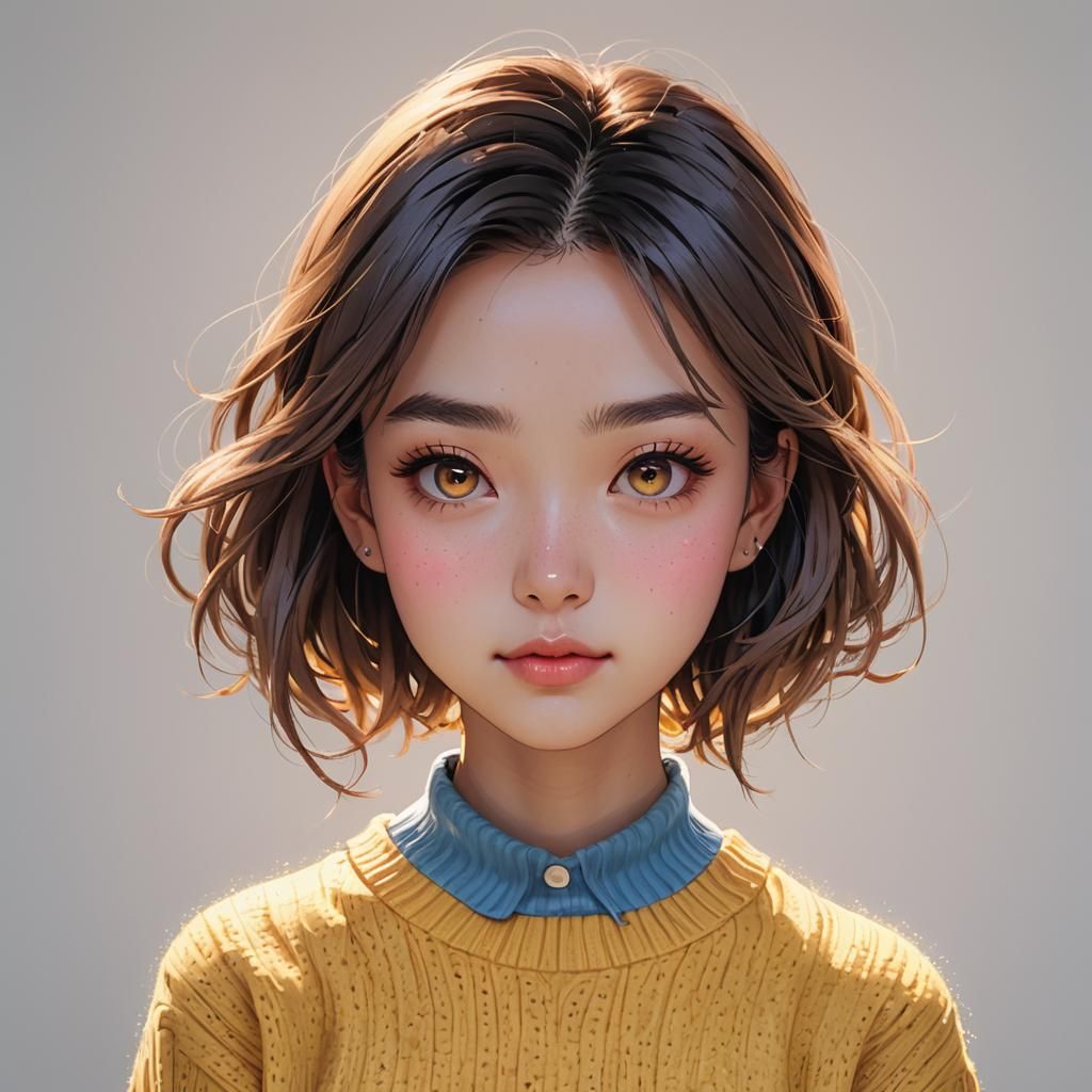 Anime Girl Portrait with Yellow Sweater, Digital Art