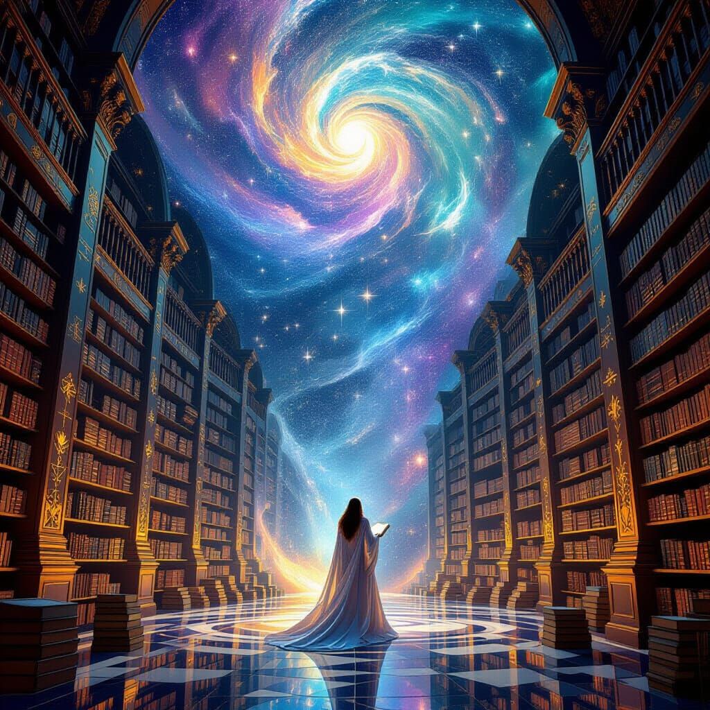 Cosmic Library in Nebula, Cubist Fauvist Style