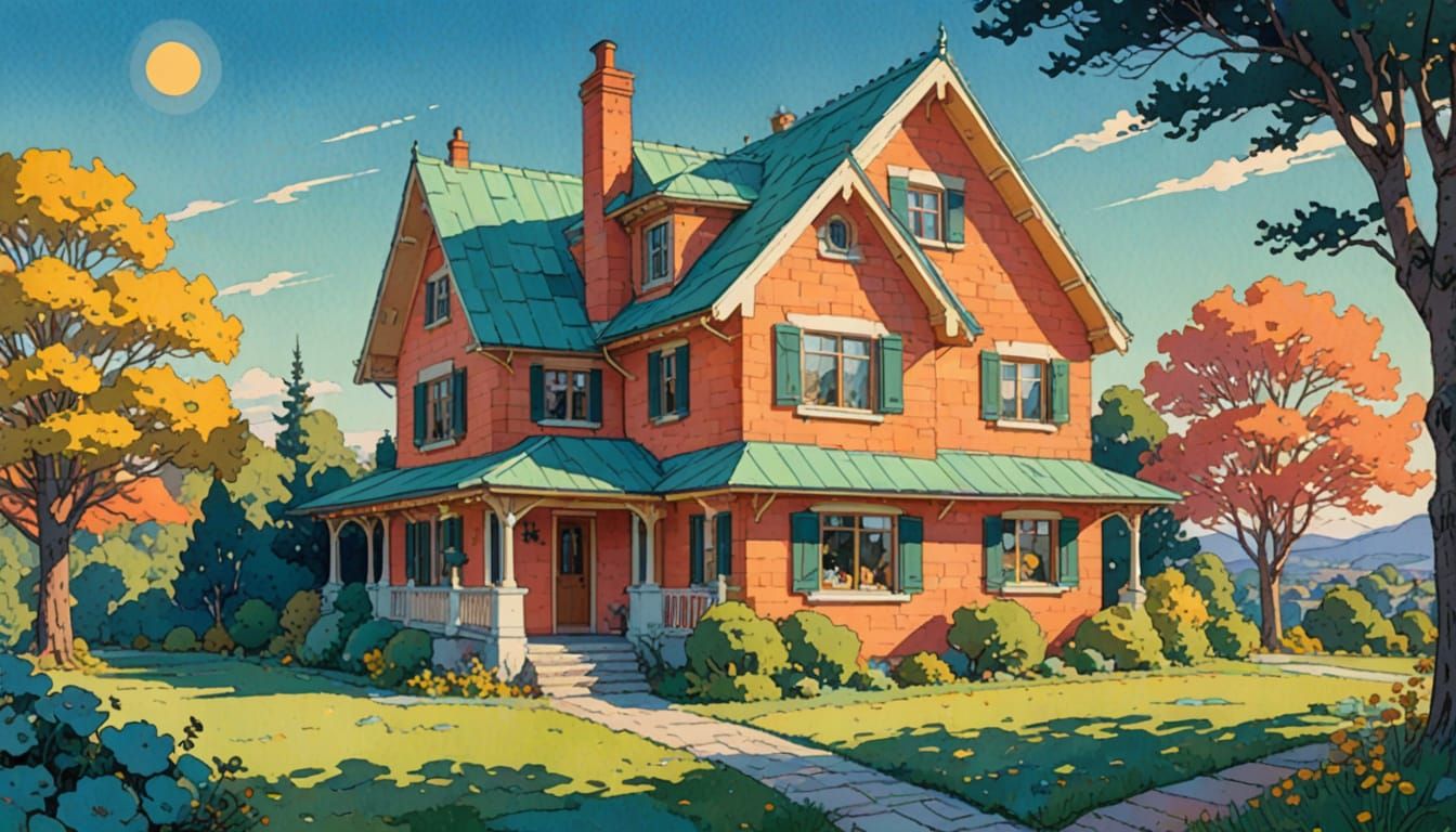 Cheerful Block House in Late Afternoon Sunlight