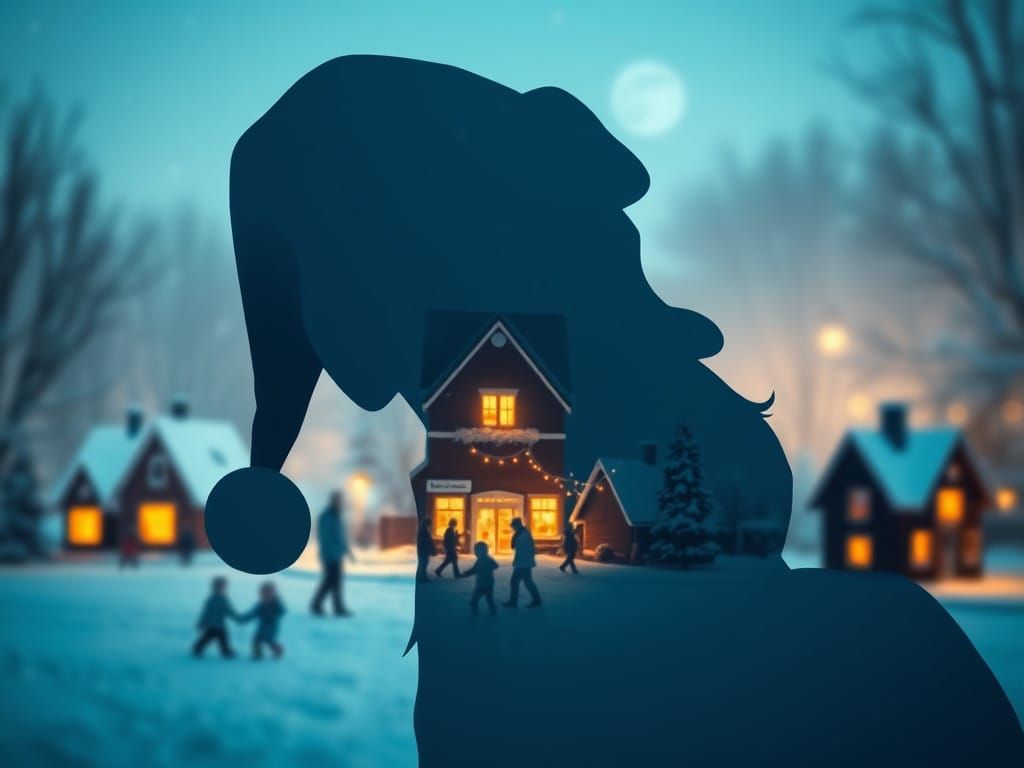 Cute Santa Silhouette in Winter Wonderland Scene