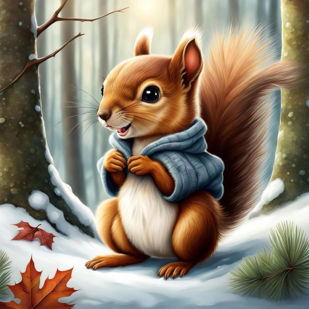 Baby Squirrel in Winter Clothes: Beatrix Potter Style