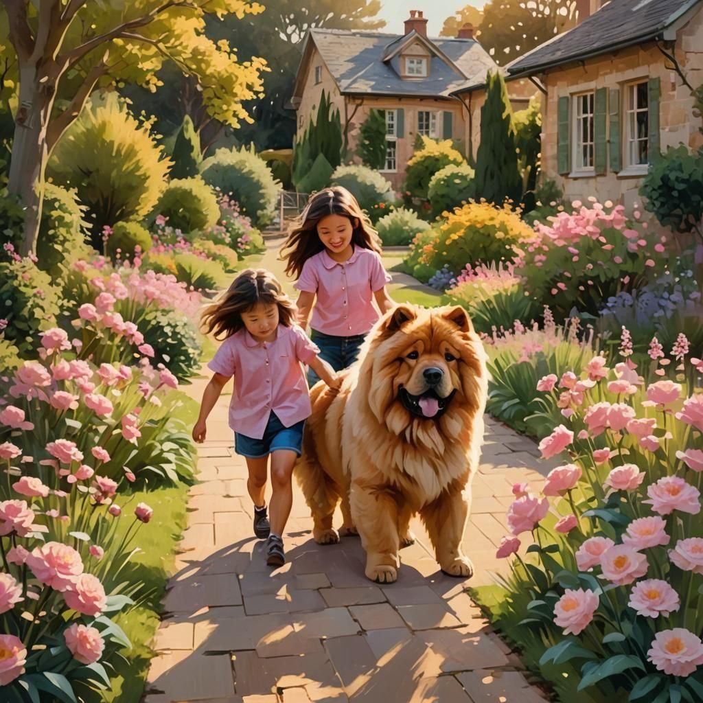 Girl Plays with Chow Chow Dog in Garden