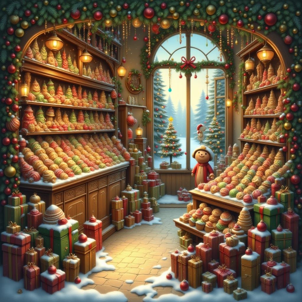 Cozy Christmas Cookie Shop in Golden Hour Light