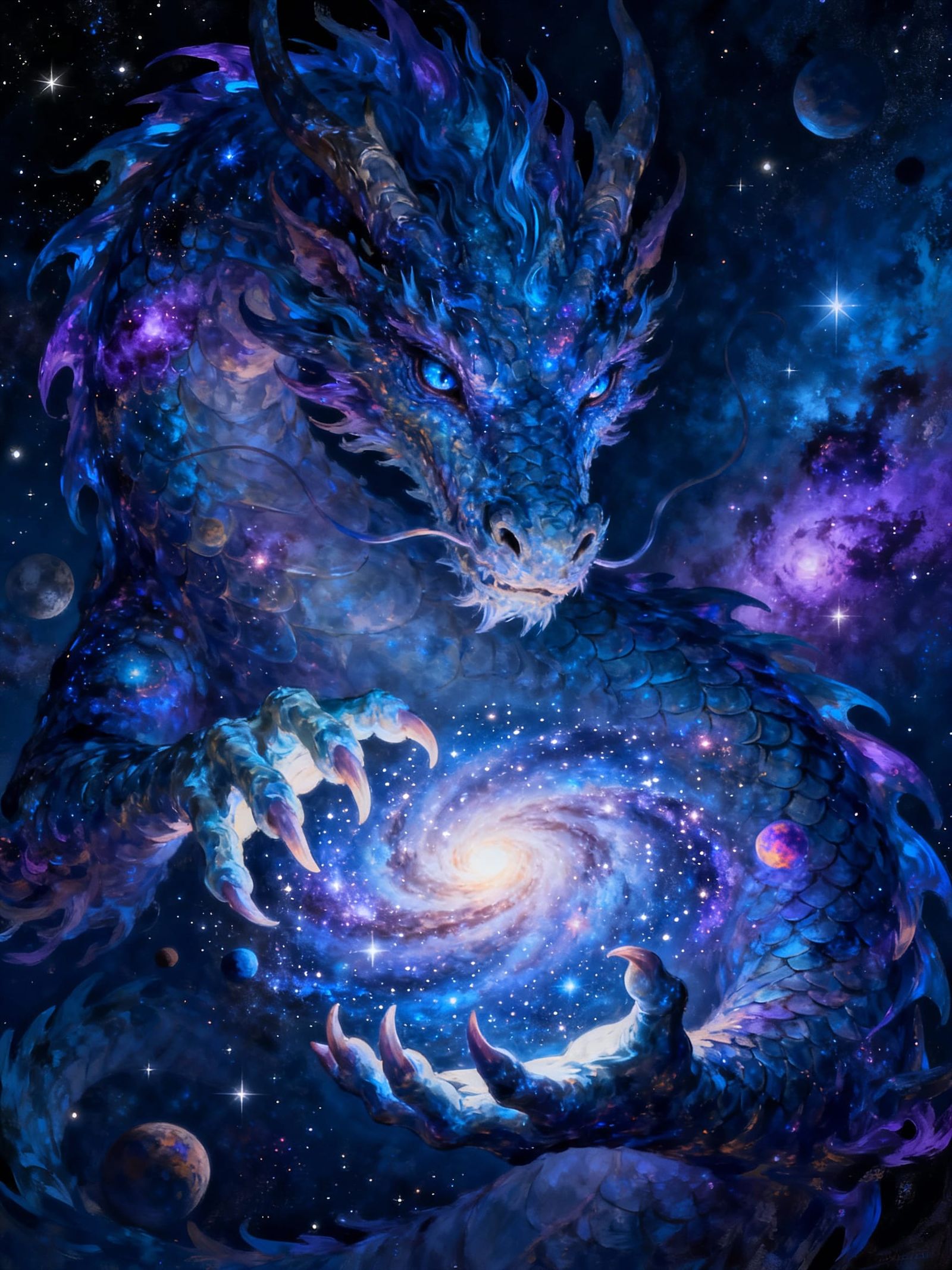 Cosmic Dragon Holding Galaxy in Ethereal Blue