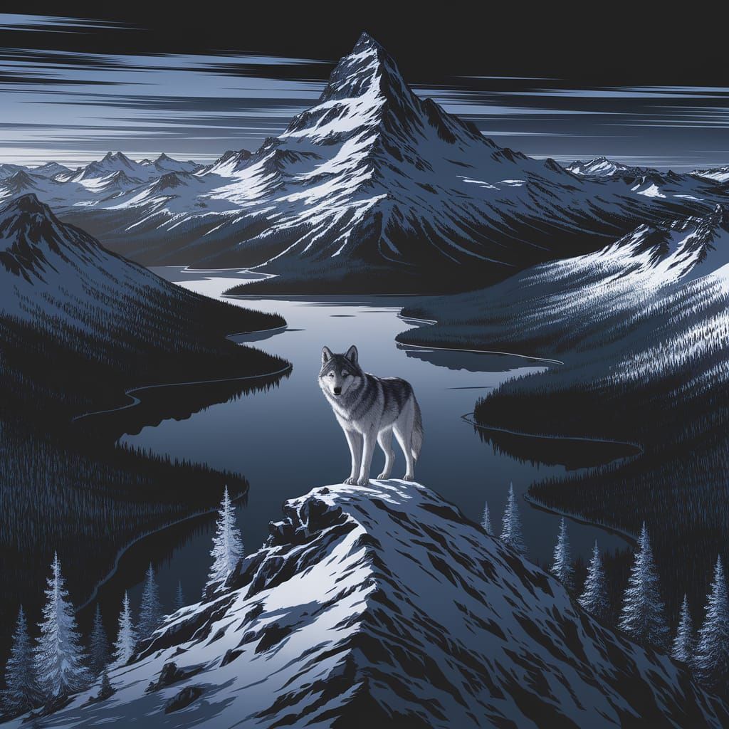 She-Wolf on Snowy Peak in Dark Fantasy Art