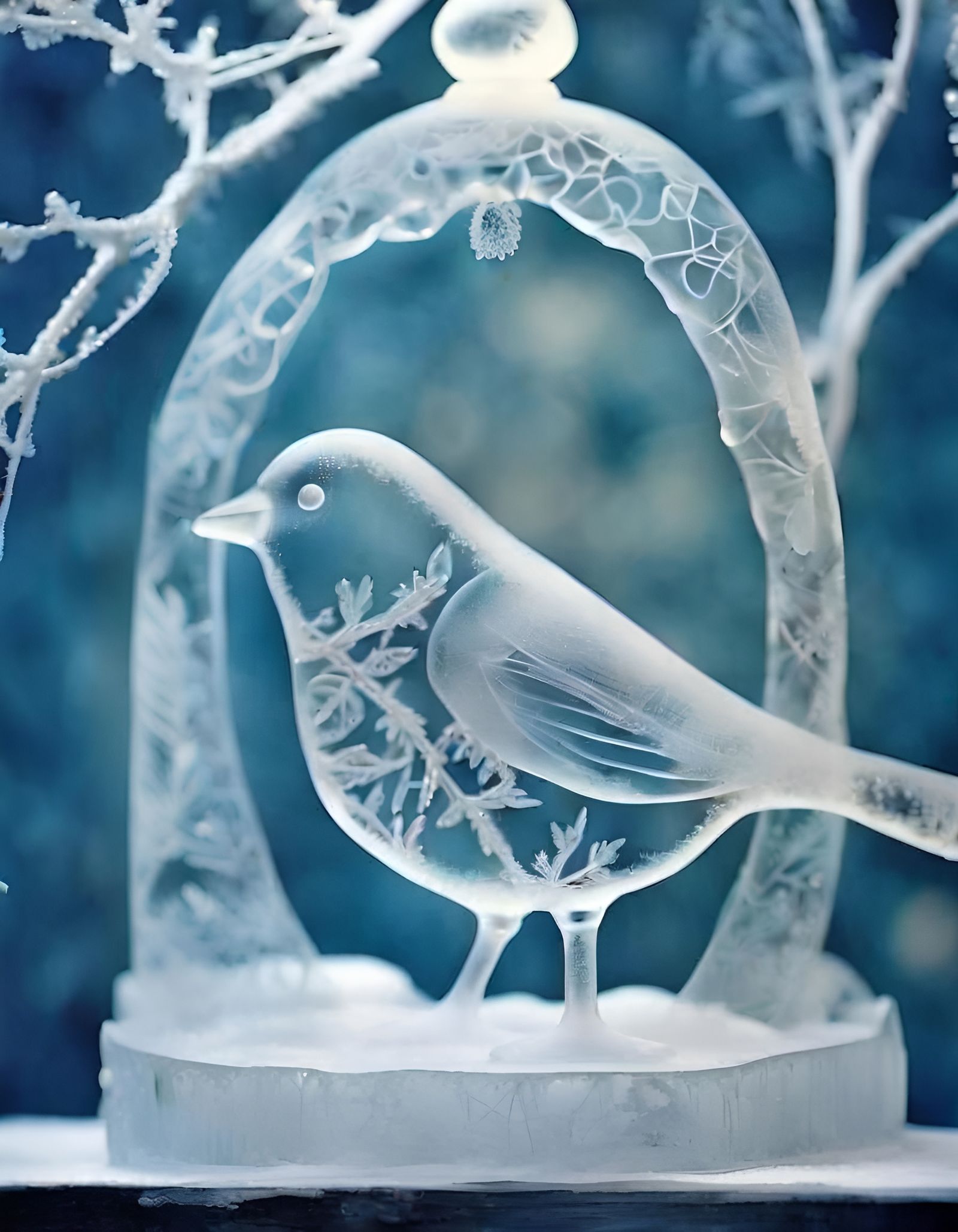 Translucent Ice Bird Sculpture in Winter Scene