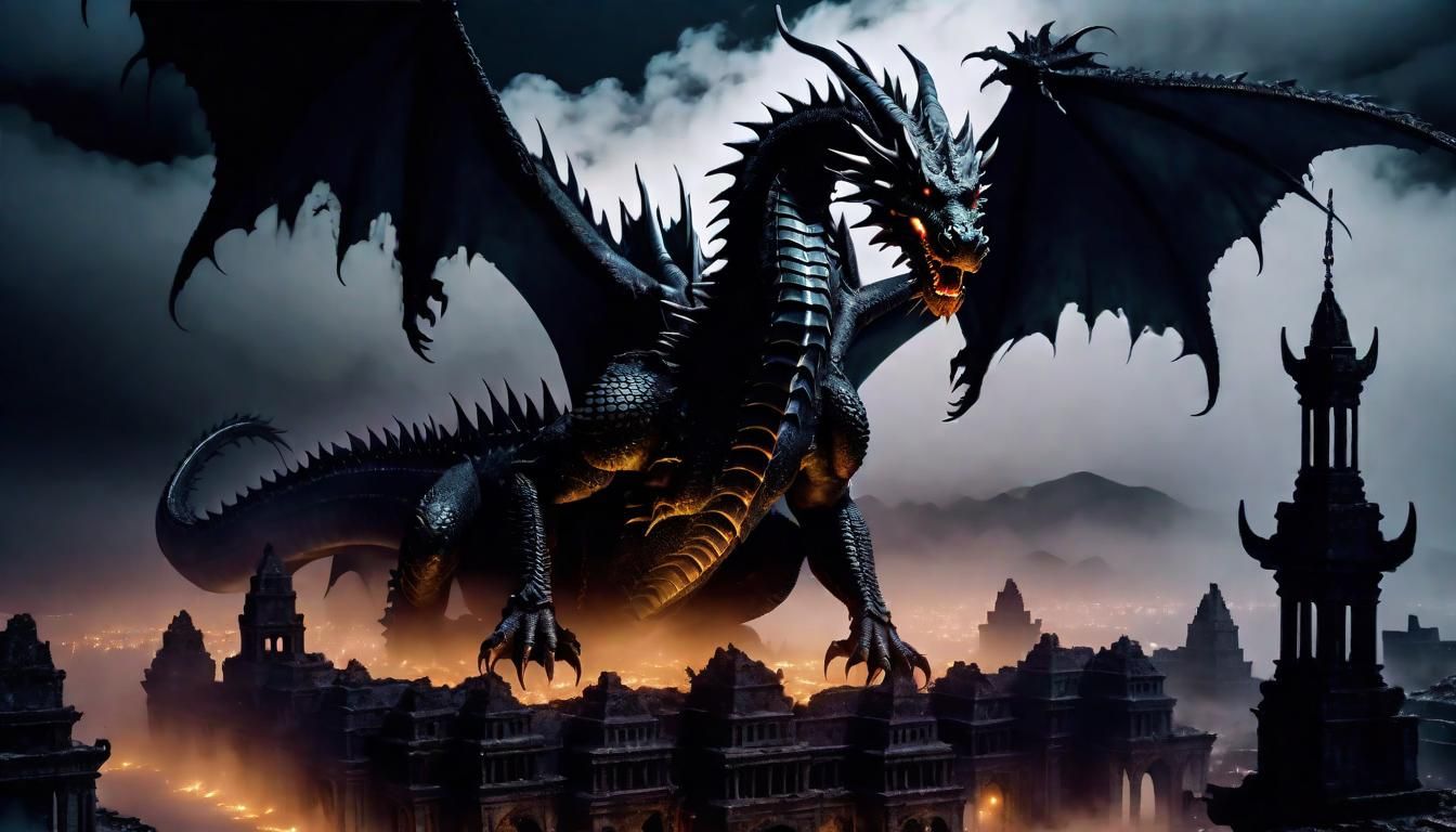 Black Dragon God Flies Over Ruined City