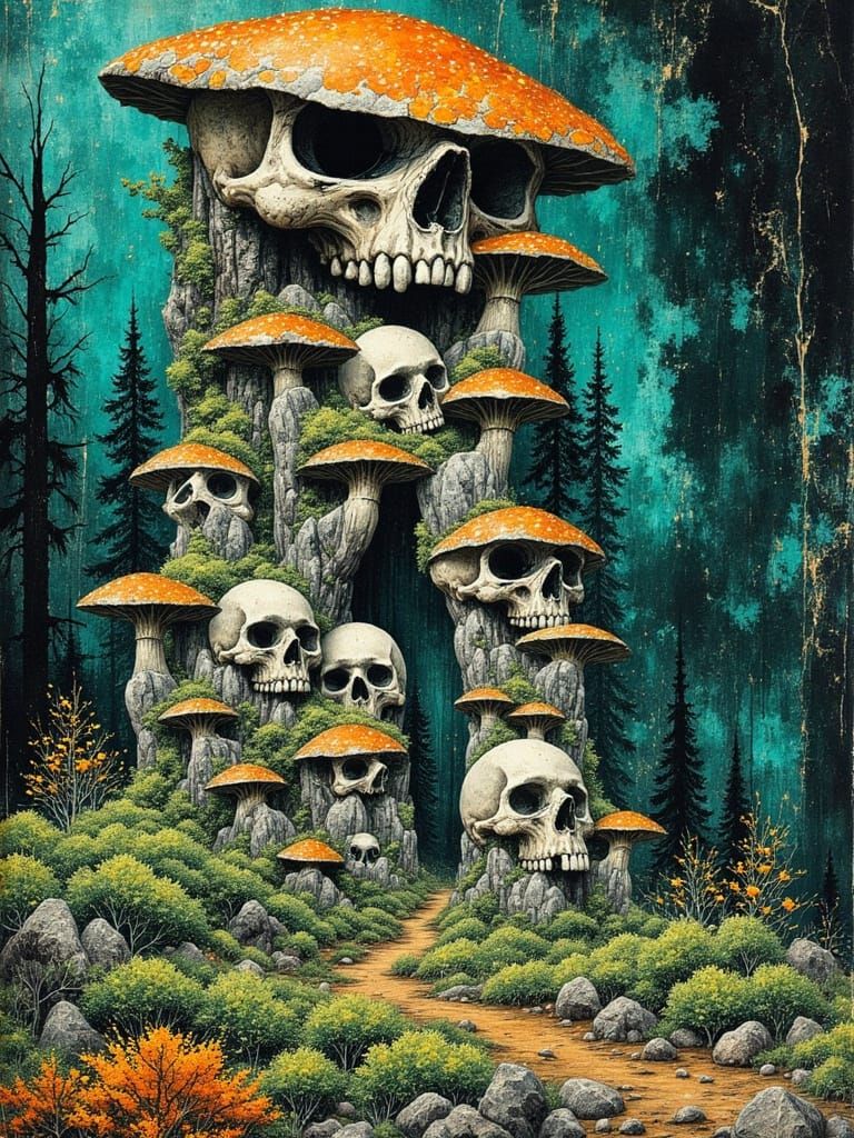 Moebius Style Totem of Skulls in Overgrown Forest